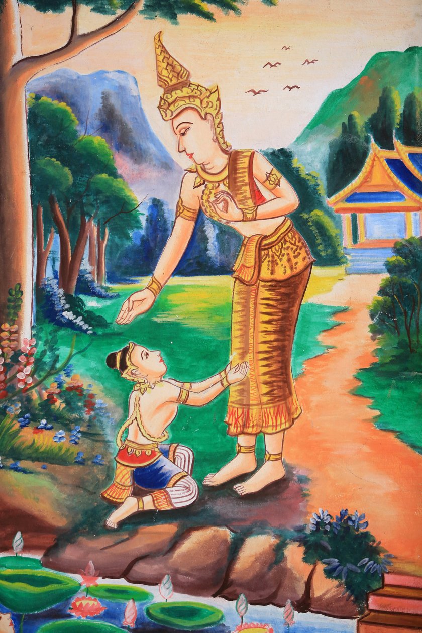 Takkunst som viser Buddhas liv. Wat Si Sou Mang Karam-tempelet. Vieng Vang. Laos, 20151102, Vieng Vang, Laos av Unbekannt