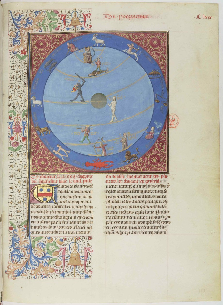 Himmelsfærer, planeter og dyrekretsen. Miniatyr fra Livre des proprietés des choses, ca. 1480. av Unbekannt