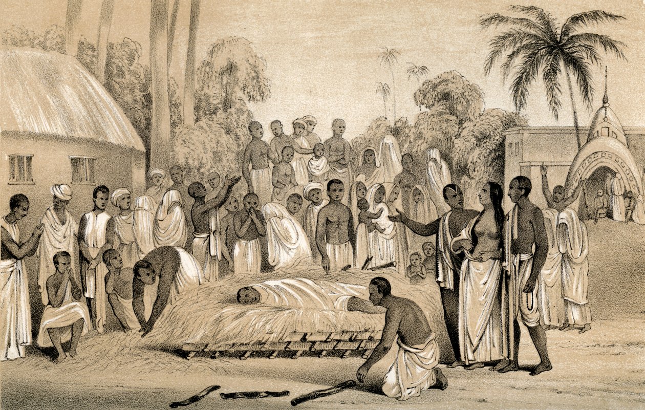 Seremoni for å brenne en hinduisk enke med liket av sin avdøde ektemann, 1847 av Unbekannt