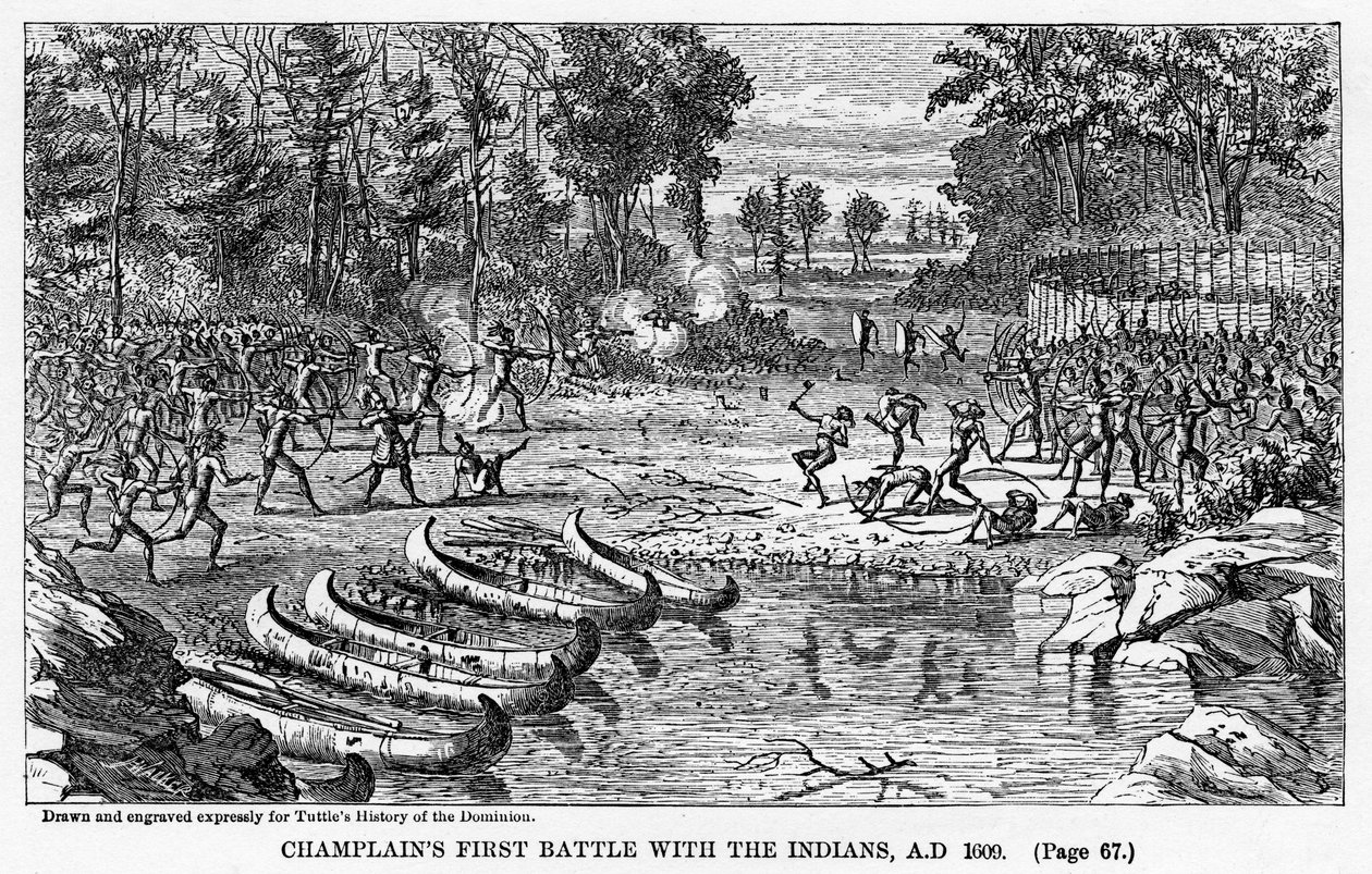 Champlains første slag med indianerne, 1609 e.Kr., 1877 av Unbekannt