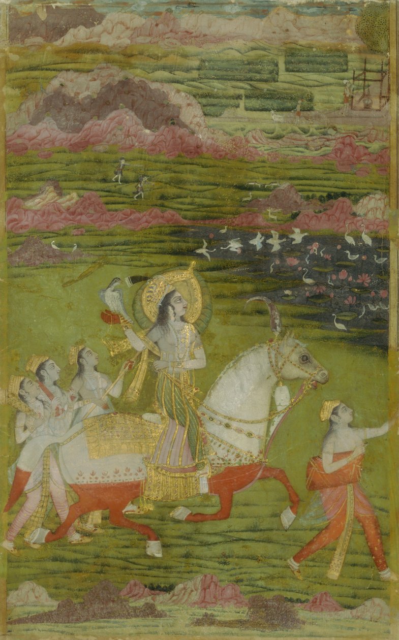 Chand Bibi Hawking med ledsagere i et landskap, ca. 1700. av Unbekannt