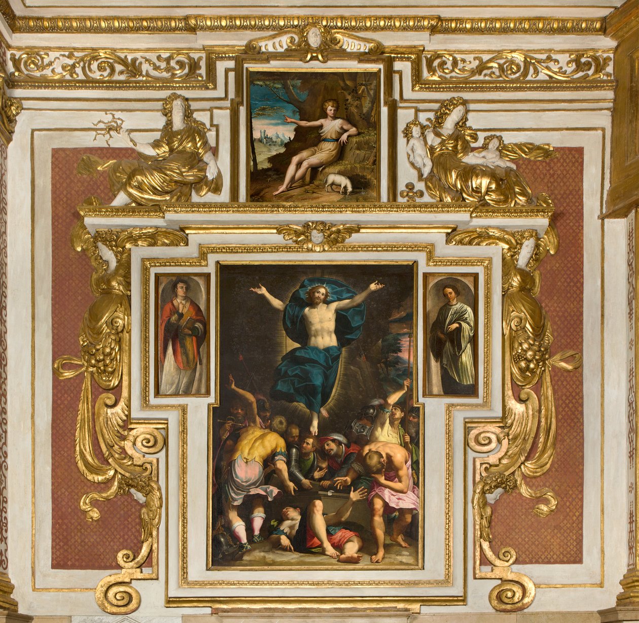 Kapell av Vår Frue av folket, andre span sørsiden, Giovan Battista Trotti kjent som Malosso, Oppstandelsen 1594, Bernardino Campi, San Giovanni nel ørkenen 1569, katedralen Santa Maria Assunta, Duomo, Cremona, Lombardia, Italia (bilde) av Unbekannt