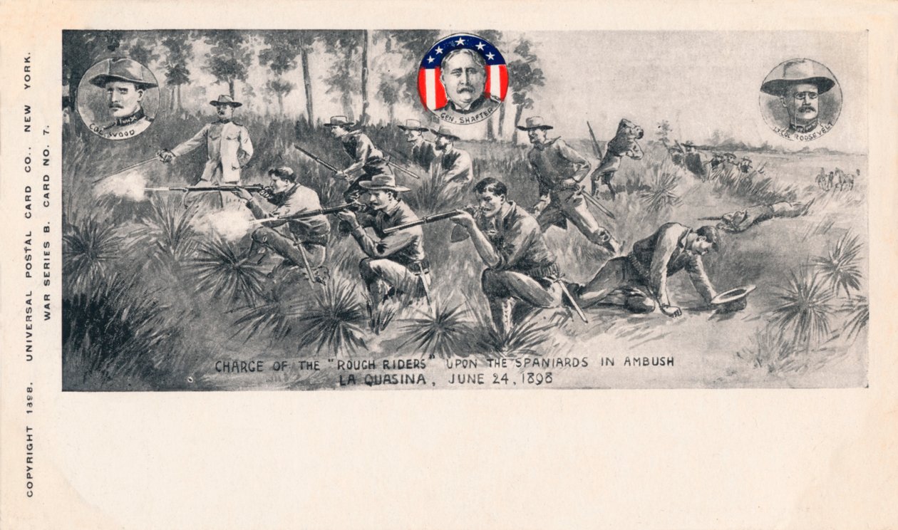Anklagen fra Rough Riders mot spanjolene i Ambush, La Quasina, 24. juni 1898, c1900 av Unbekannt