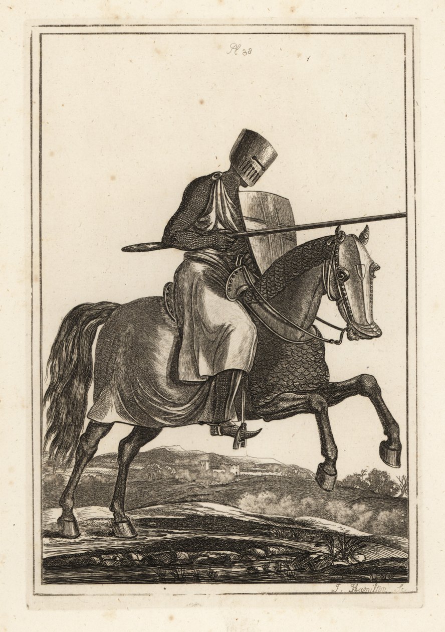 Ladende ridder fra 1100- og 1200-tallet i ringbrynje hauberk, flat hjelm, lanse, varmeskjold, shin armour jamesons, krigssadel av Unbekannt