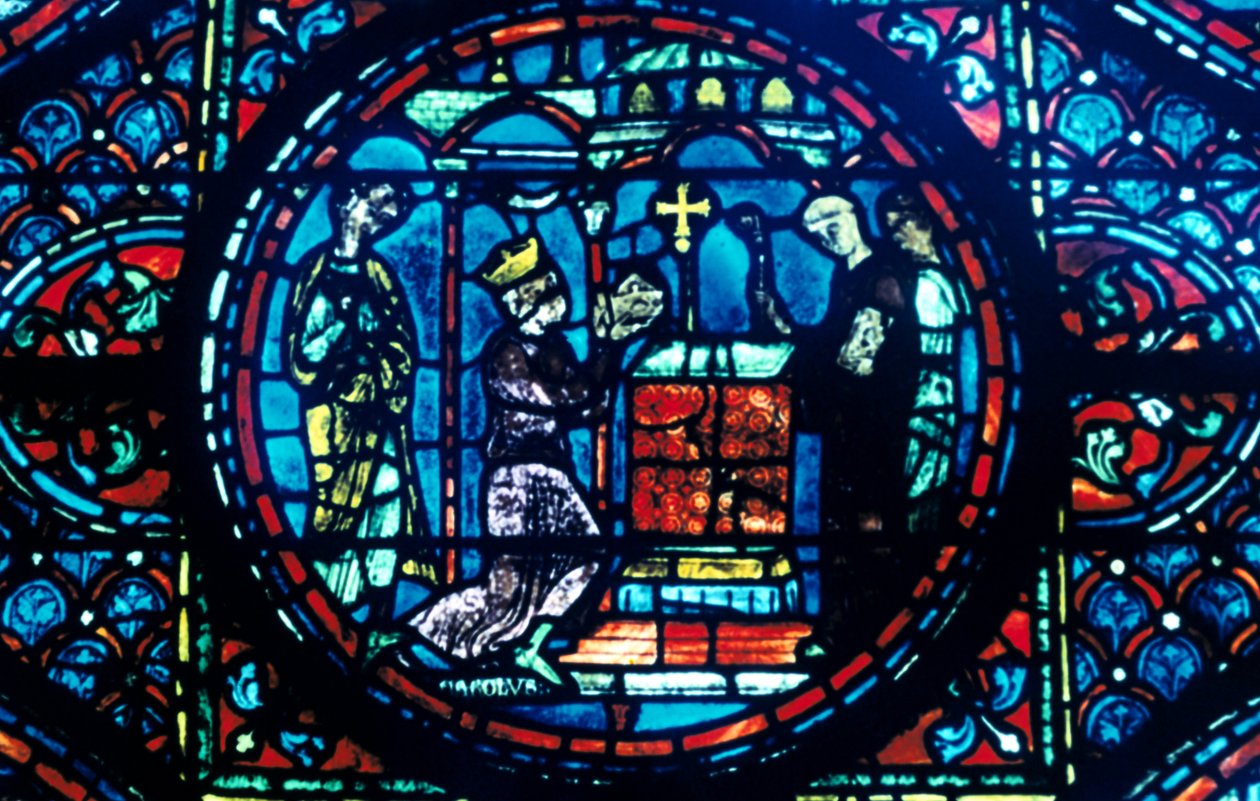 Karl den Store gir relikvier til kapellet i Aix, glassmalerier, Chartres katedral, Frankrike, c1225 av Unbekannt