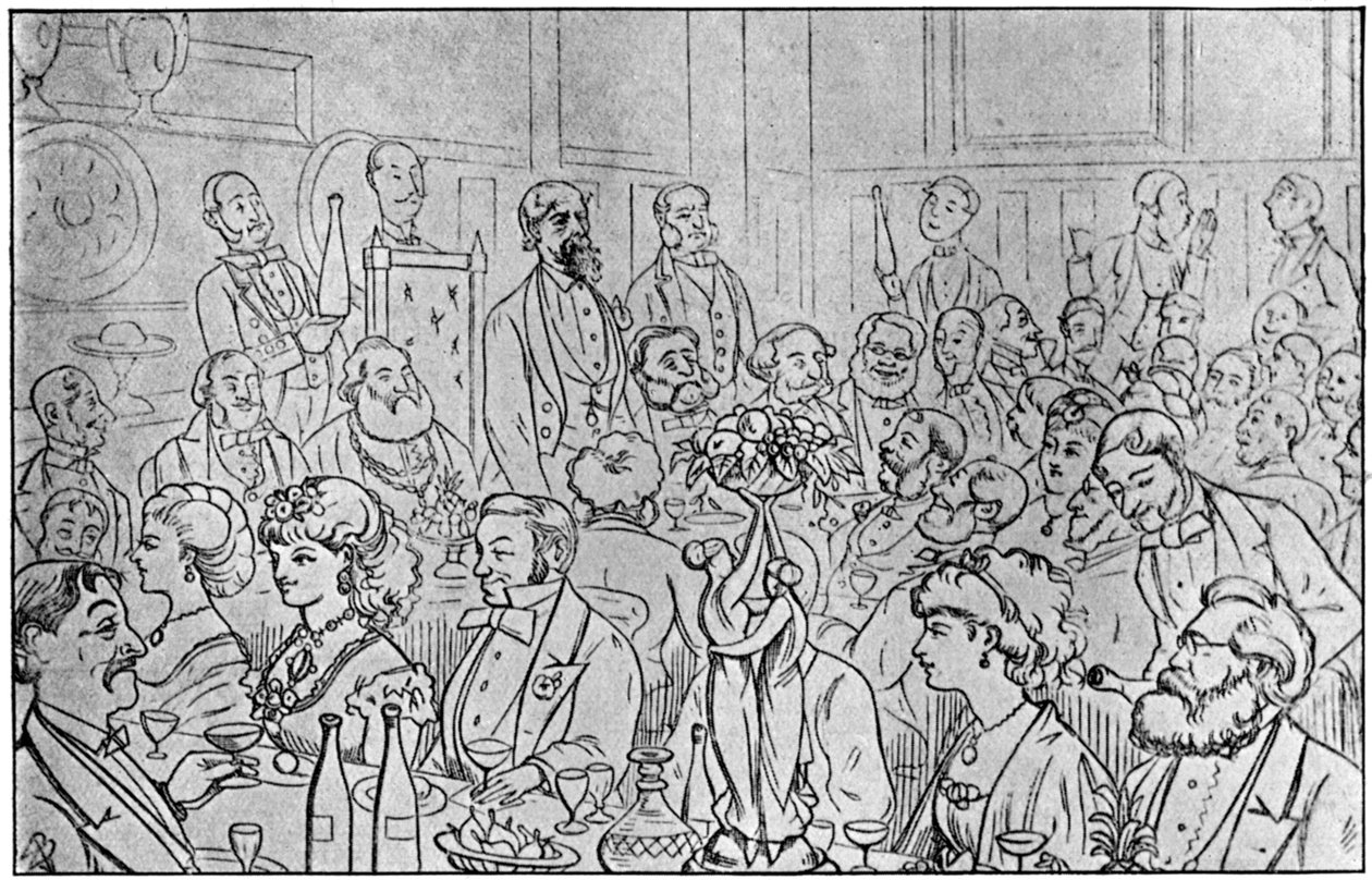 Charles Dickens presiderer på Newsvendors Dinner, 5. april 1870 1912 av Unbekannt