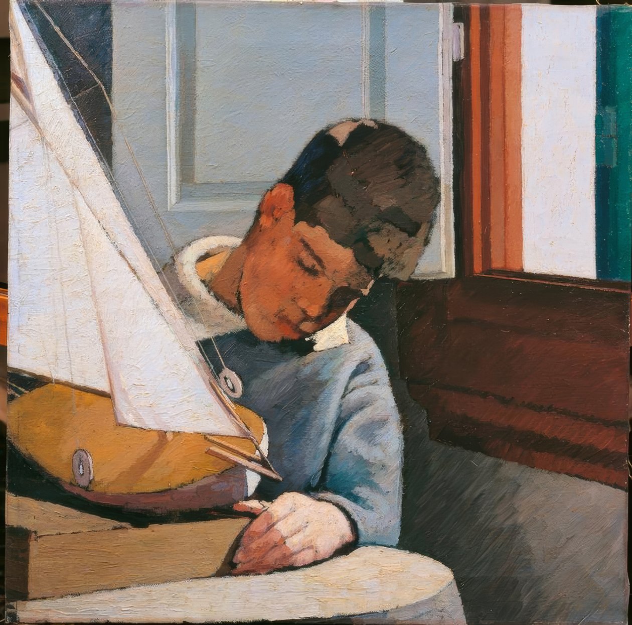 Barn ung gutt sønn av maleren sitter ved et bord og leker med en båt klassisk syntese kromatisk balanse penselstrøk full av lys av Unbekannt