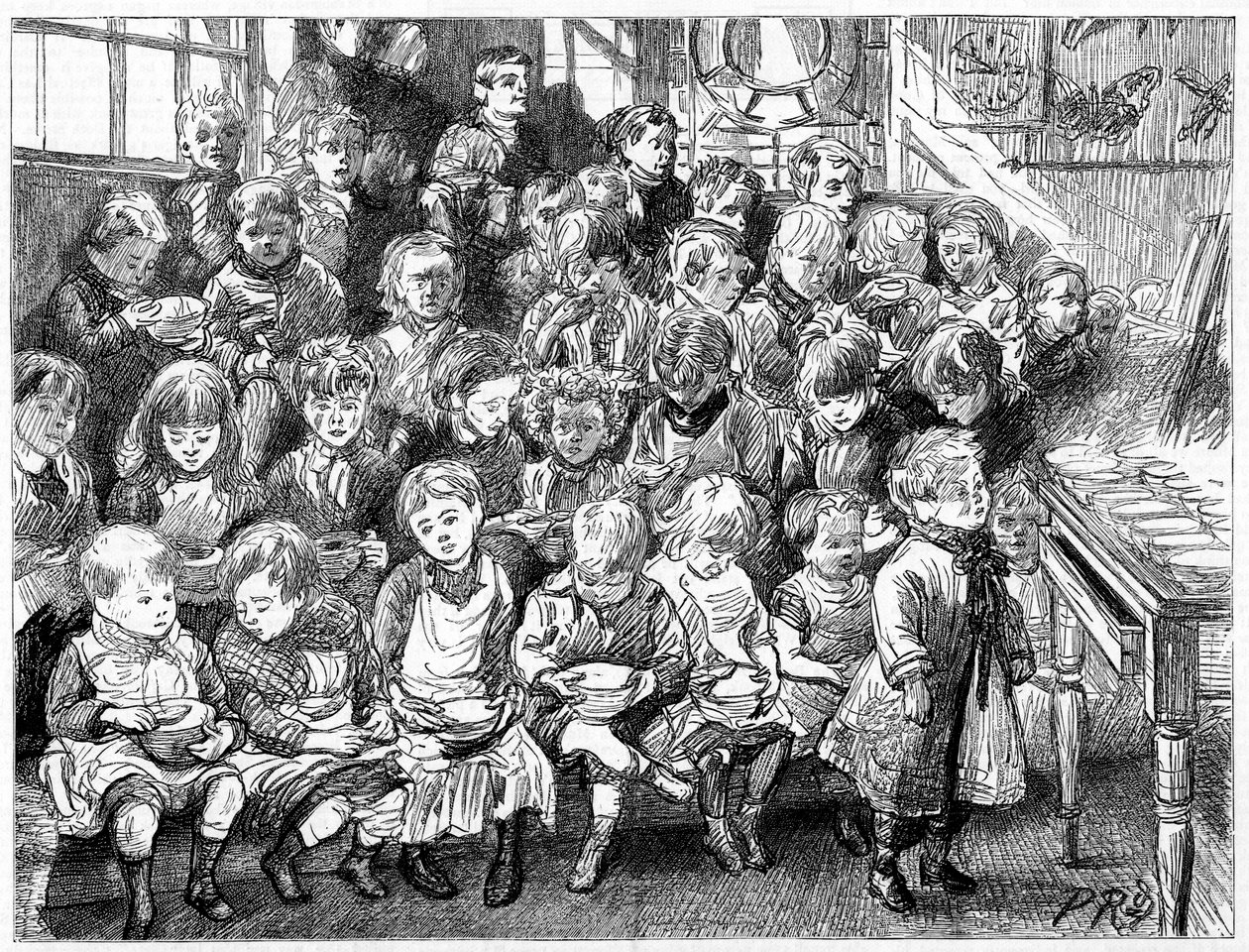 Barn som venter på suppe ved middagstid, London Board School, Denmark Terrace, Islington, 1889 av Unbekannt
