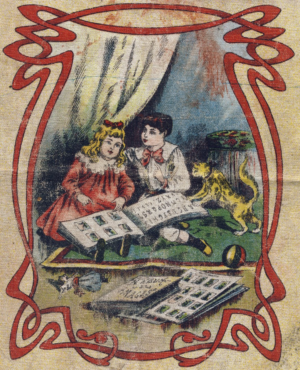 Barn ser på en bildebok for å illustrere alfabetet. Fjerde cover av albumet drolatic . Serie nummer 4 i Albums-chromo på lerret. Kromolitografier på vev. Avbildning av Marcel Vagne, Jarville-Nancy, tidlig på 1900-tallet. Mål: 25x17,5 cm av Unbekannt