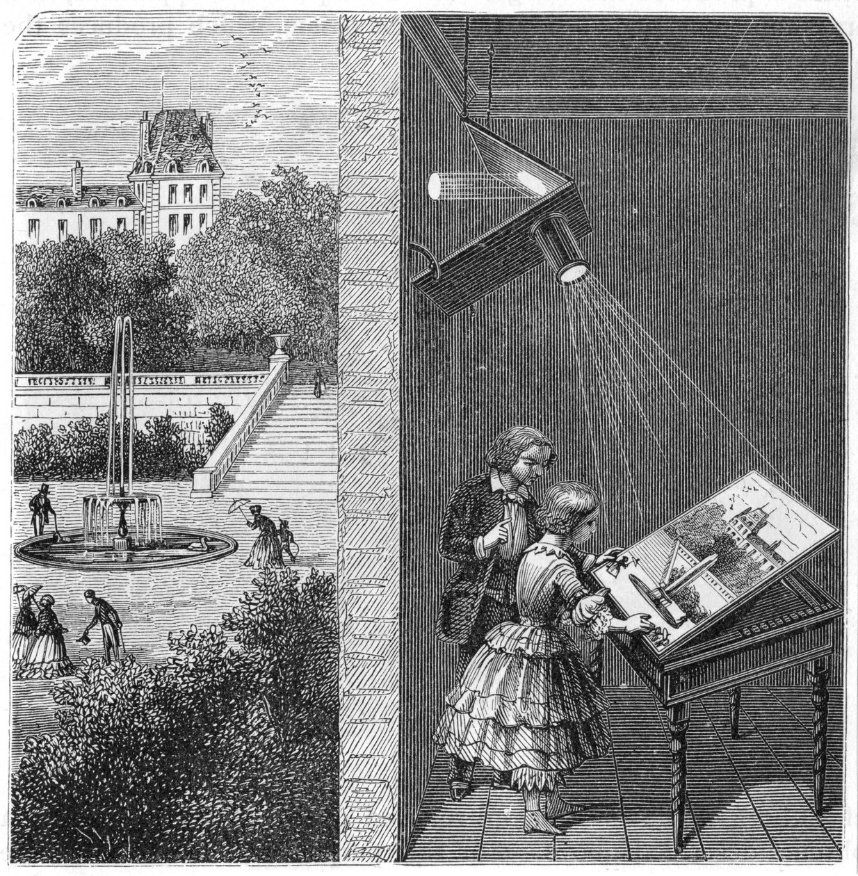 Barn som ser på en utendørsscene gjennom en camera obscura, 1887 av Unbekannt