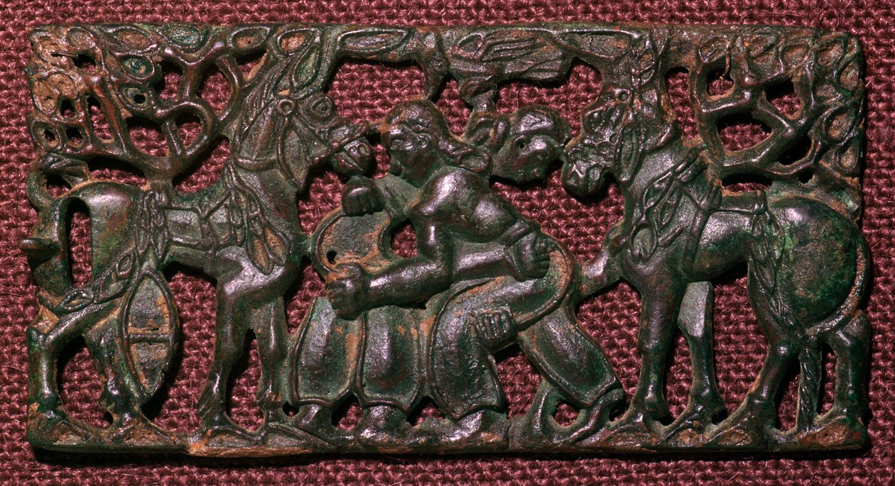 Kinesisk sele-plakett i bronse av brytemenn, 500-tallet f.Kr av Unbekannt