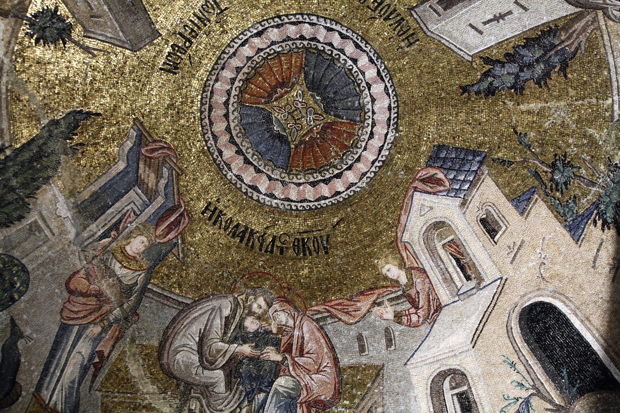 Chora kirkemuseum: mosaikk som viser Jomfru Maria som mottar kjærlighet fra foreldrene Joachim og Anne Istanbul Turquie av Unbekannt