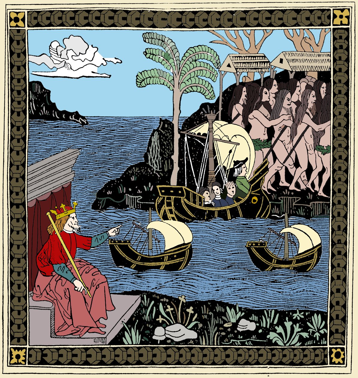 Christopher Columbus Discovering America, tresnitt, 1493 av Unbekannt