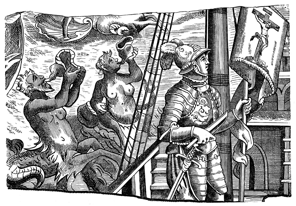 Christopher Columbus under sin reise til Amerika, Engraving, c1500 av Unbekannt