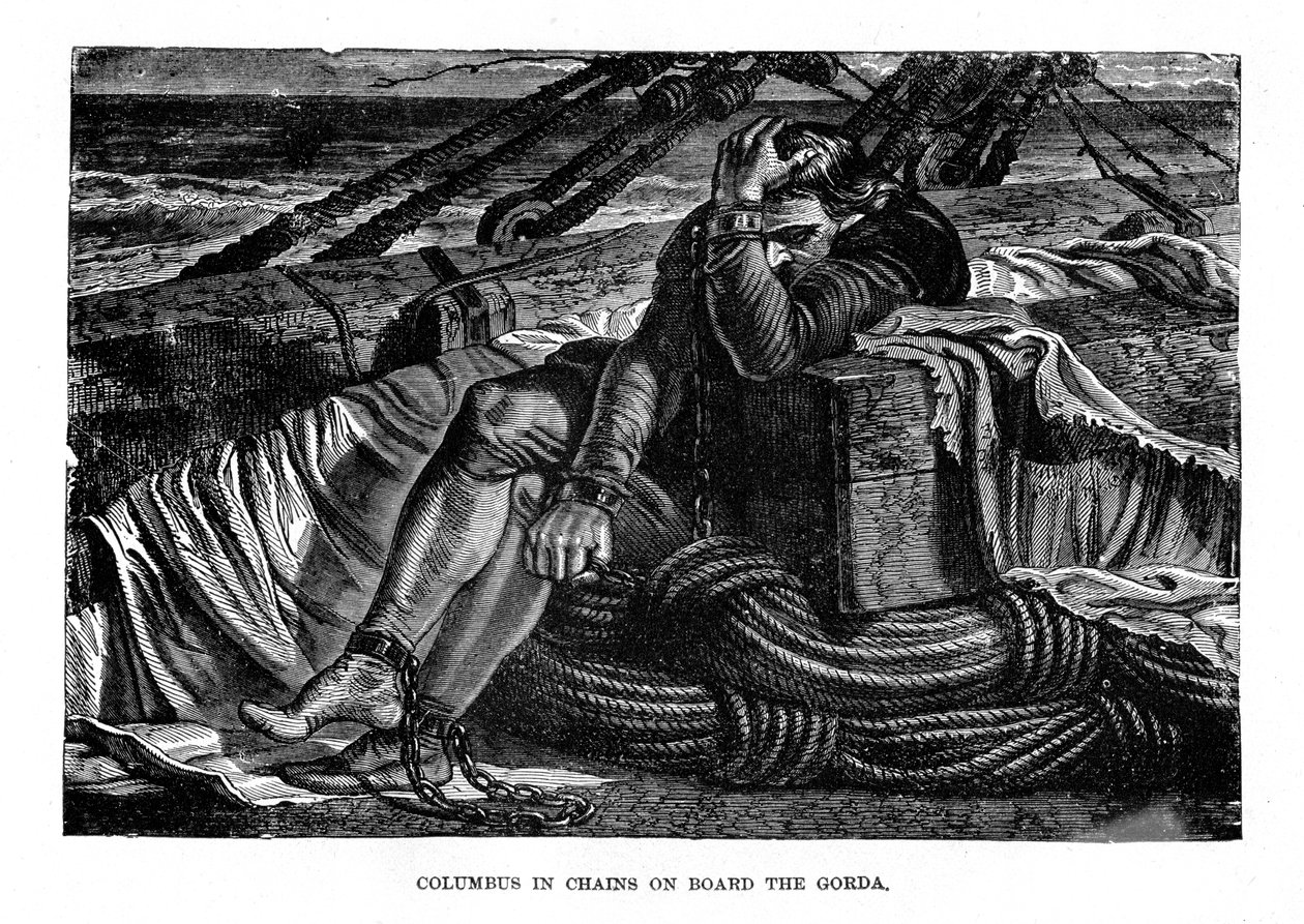 Christopher Columbus i lenker om bord på Gorda, 1490-tallet, c1872 av Unbekannt