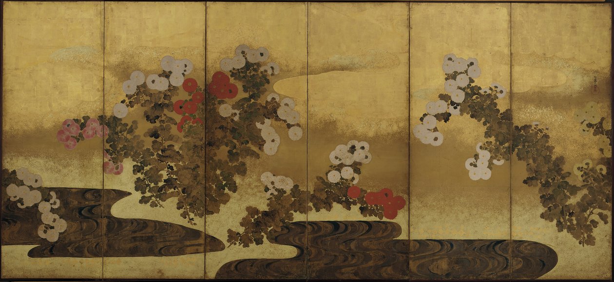 Krysantemum ved siden av en bekk, Edo-periode, 1800-tallet. av Unbekannt