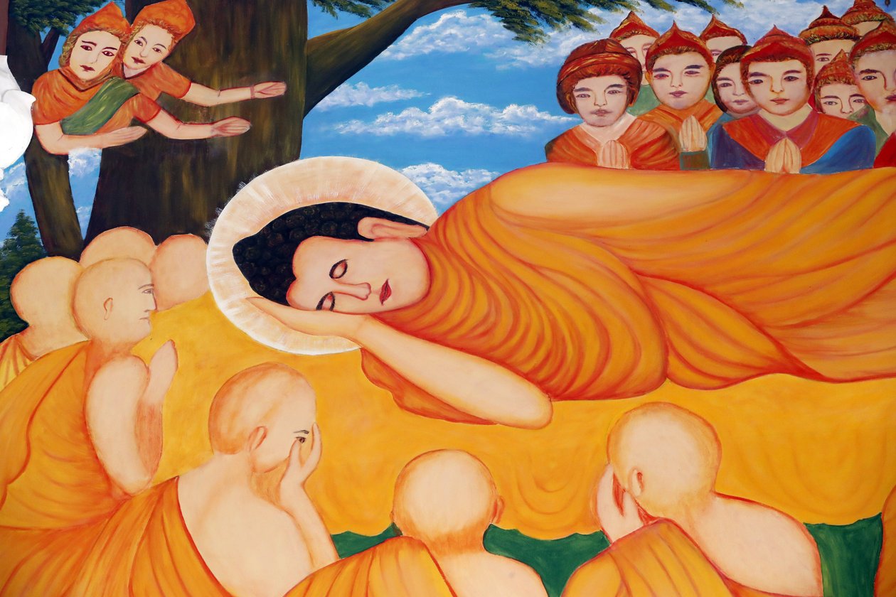 Chua Tu Quang buddhisttempel. Tilbakelent Buddha-maleri. Etter 45 år med undervisning i Dharma, gikk Buddha over i Parinirvana. Vung Tau. Vietnam. av Unbekannt