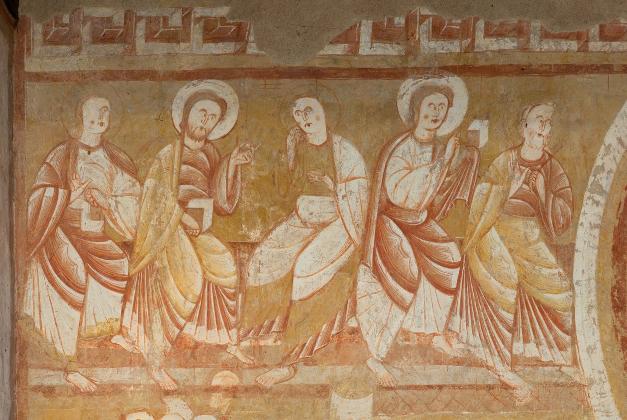 Kirke (Église Saint-Martin). Interiør. Veggmalerier (fresco). Skipets vestvegg. Detalj. Apostler. 1100-tallet. av Unbekannt