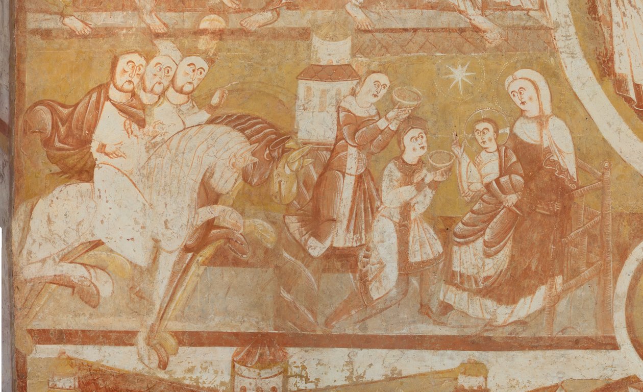 Kirke (Église Saint-Martin). Interiør. Veggmalerier (fresco). Skipets vestvegg. Detalj. Ankomst av magiene, tilbedelse av magiene. 1100-tallet. av Unbekannt