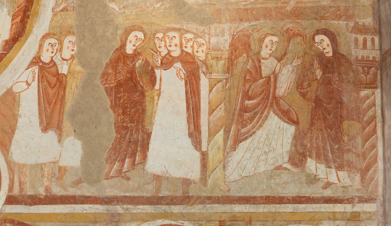Kirke (Église Saint-Martin). Interiør. Veggmalerier (fresco). Skipets vestvegg. Detalj. Anklage og kunngjøring av jomfruen. 1100-tallet. av Unbekannt