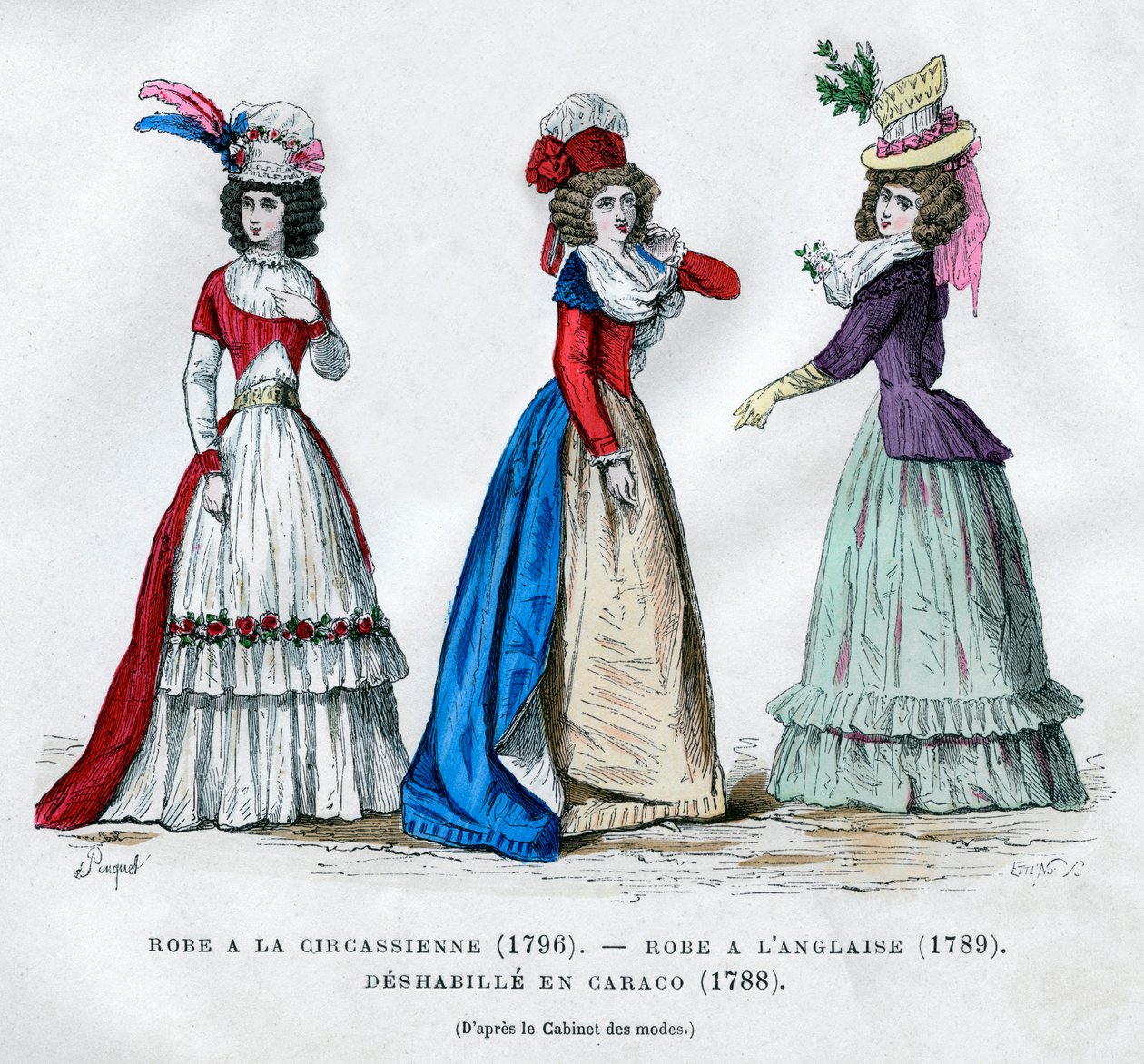 Circassian kjole, 1796, engelsk kjole, 1789, og caraco housecoat, 1788 1882-1884 av Unbekannt
