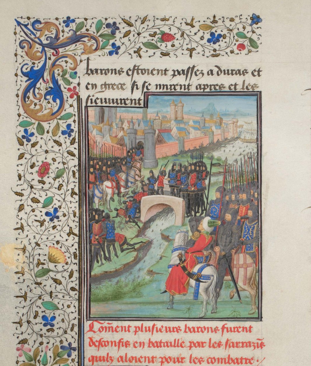 Sammenstøt mellom baronenes og saracenernes hær. Miniatyr fra Historia av William av Tyrus, 1460-tallet av Unbekannt