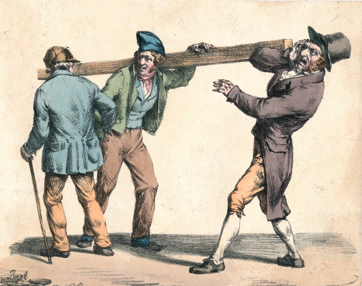 Klønete mann som bærer en lengde av tre, 1800-tallet. av Unbekannt