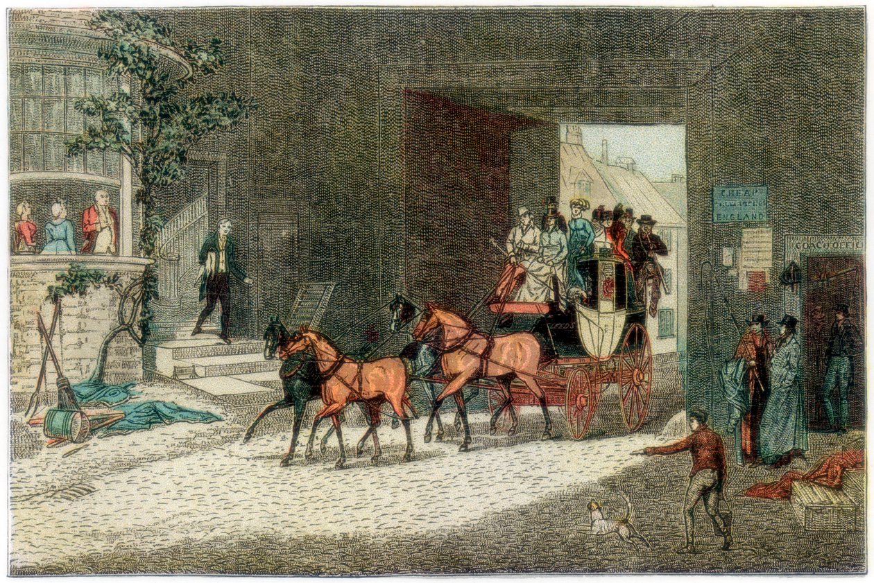 Buss ankommer gården til et vertshus, 1890 av Unbekannt