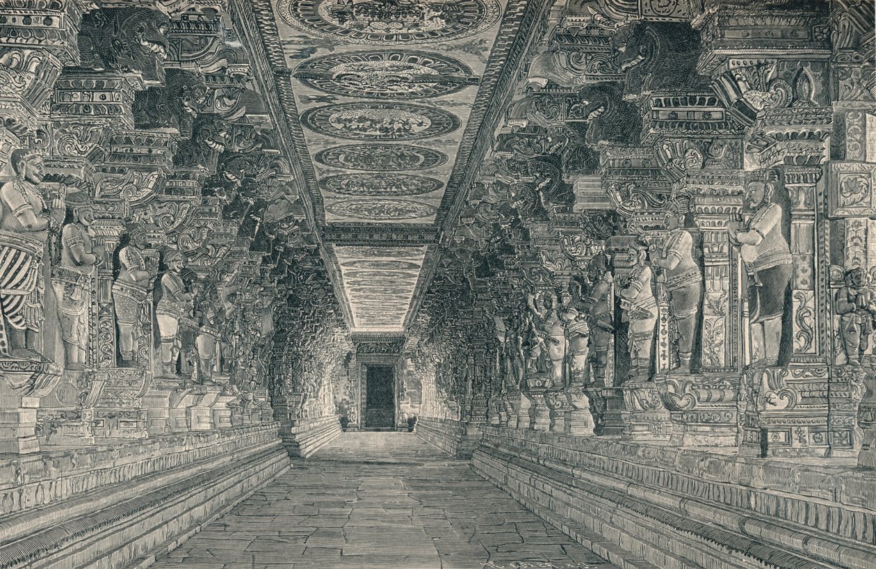 Kolonnade i det indre av det hinduistiske tempelet på øya Rameswaram Sør-India, c1903, av Unbekannt