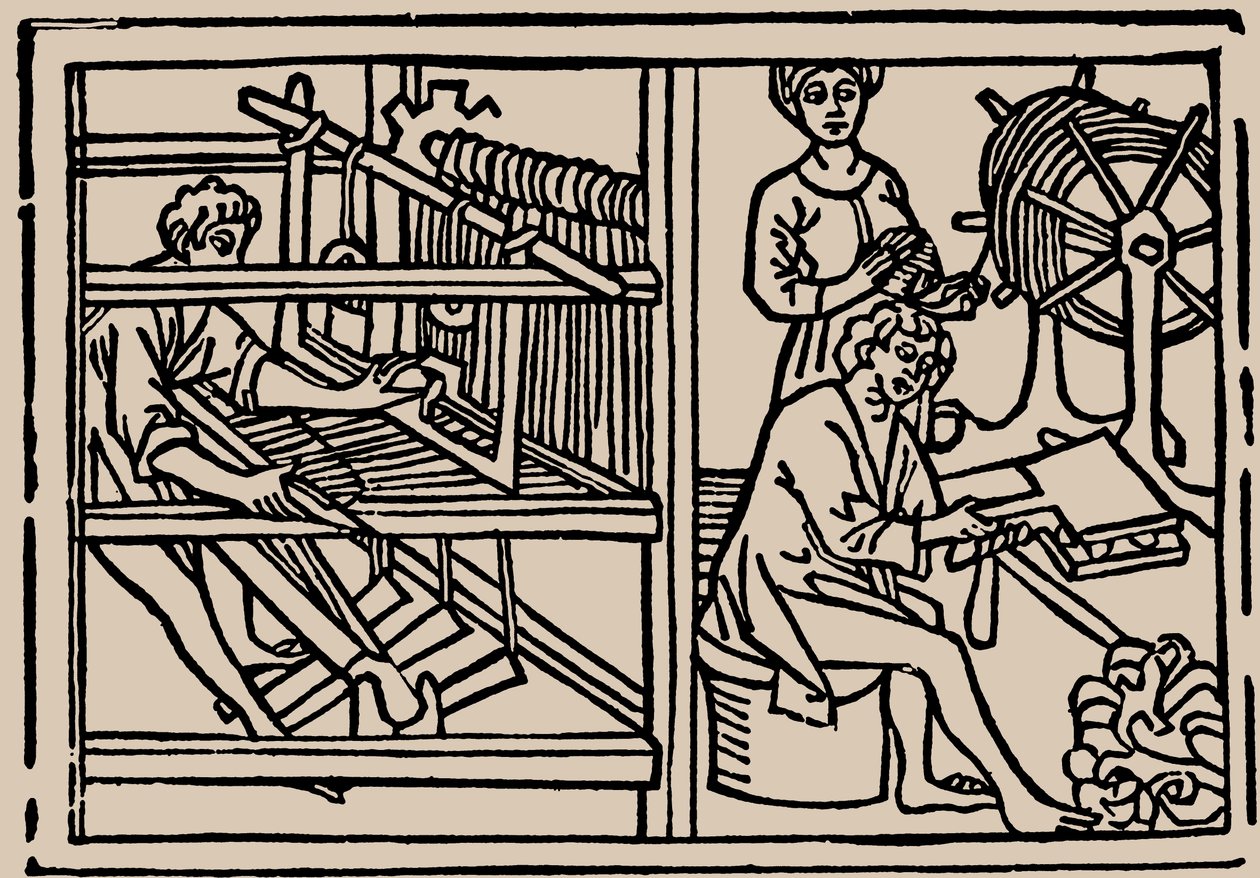 Kaming, spinning og veving av ull. Fra Speculum Vitae Humanae av Rodericus Zamorensis, 1479. av Unbekannt