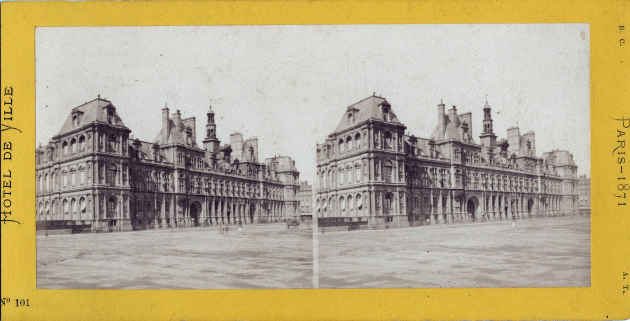 Kommune i Paris (1871): utsikt over rådhuset. Anonym fotografering. Trykk på papp Dim. 17x7 cm av Unbekannt