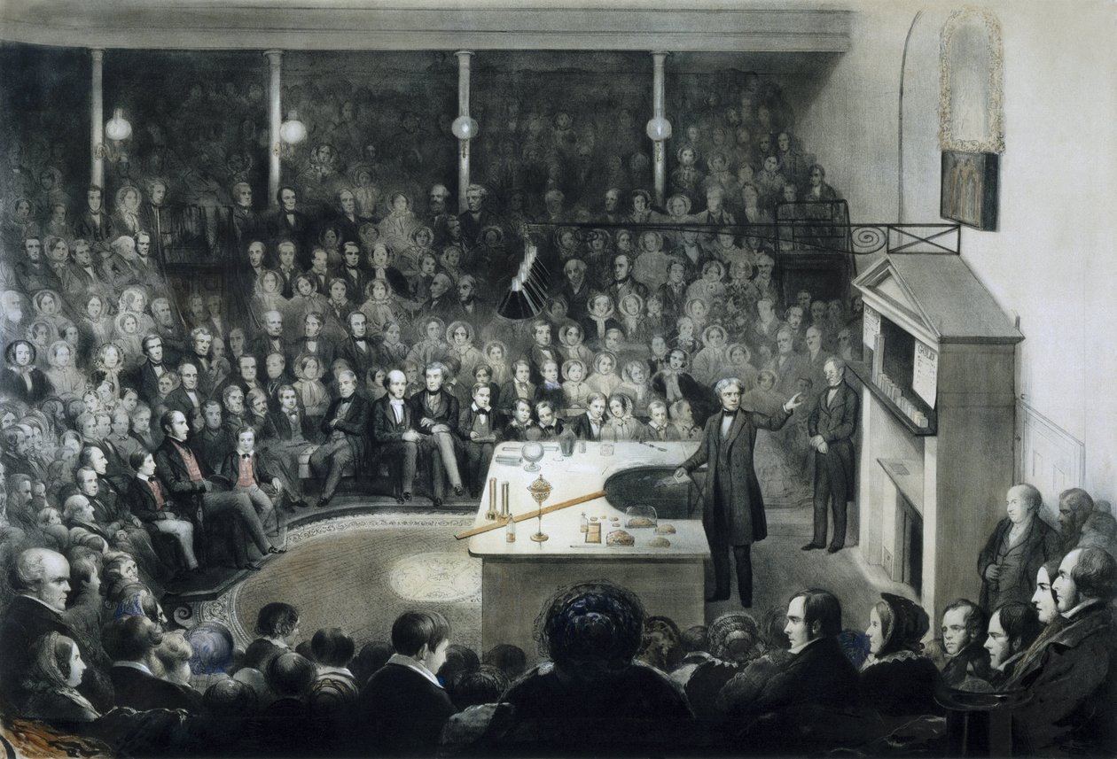 Foredrag av fysiker Michael Faraday (1791-1867) foran Royal Institution i London 27. desember 1855 i nærvær av prins Albert av Saxe Cobourg Gotha (Saxe-Cobourg-Gotha) av Unbekannt