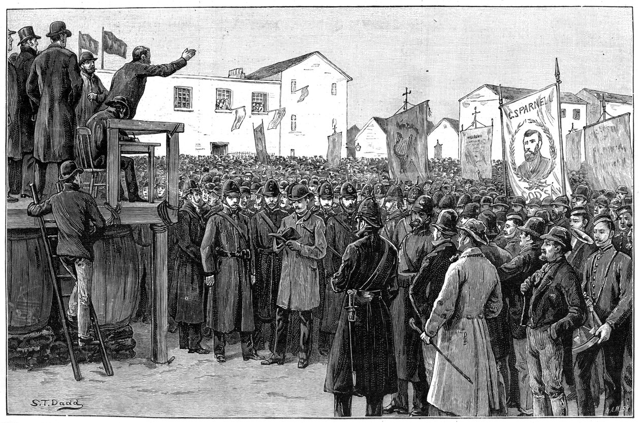 Konstabulær som vokter en regjeringsreporter på en plan for kampanjemøte, Irland, 1887 av Unbekannt