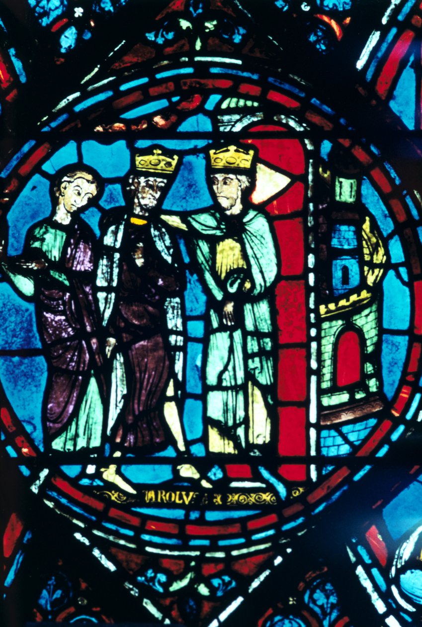 Konstantin hilser Charlemagne i Konstantinopel, farget glass, Chartres katedral, Frankrike, c1225 av Unbekannt