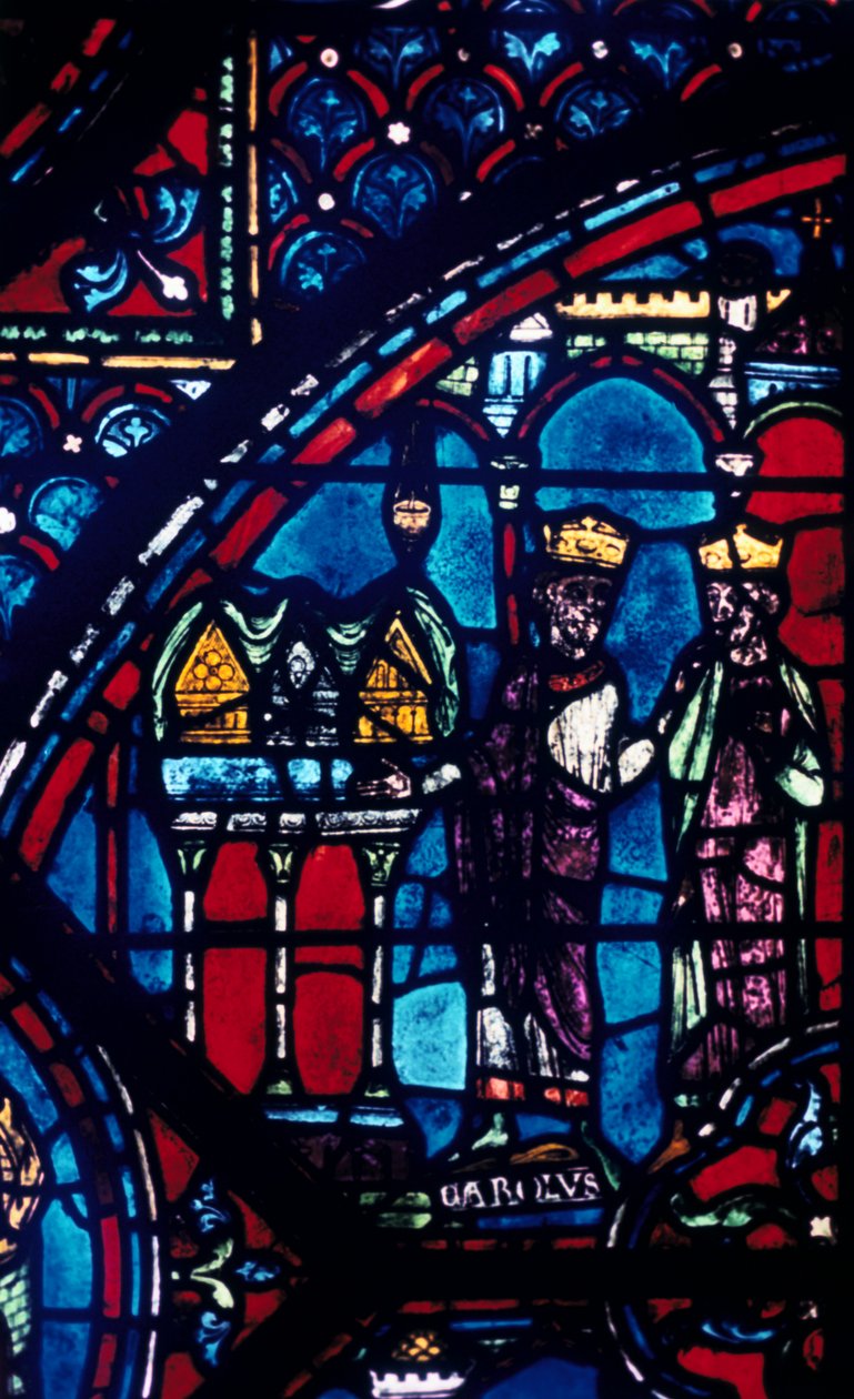 Konstantin presenterer relikvier til Charlemagne, farget glass, Chartres Cathedral, Frankrike, c1225 av Unbekannt