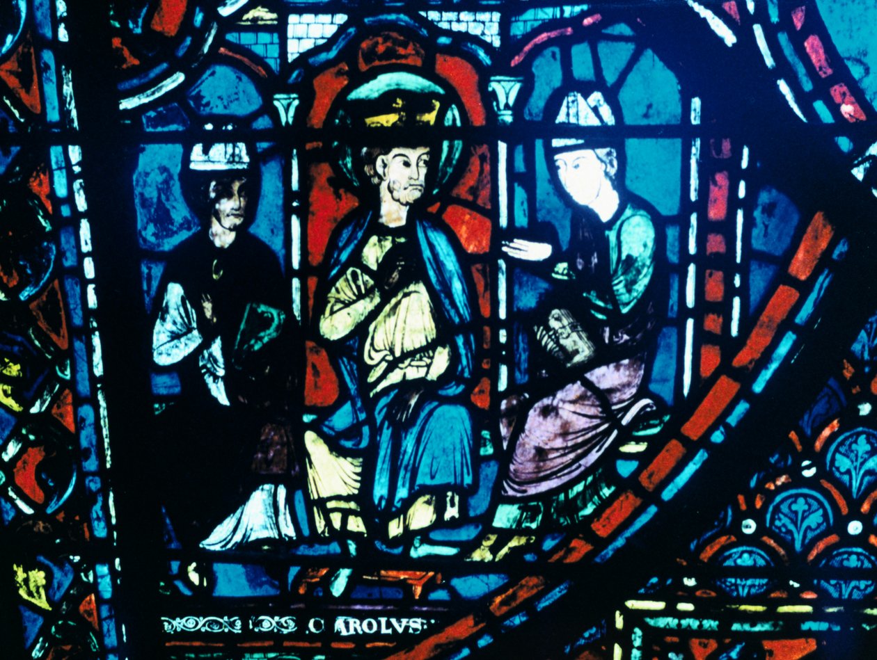 Konstantins brev presentert til Charlemagne, farget glass, Chartres Cathedral, Frankrike, c1225 av Unbekannt