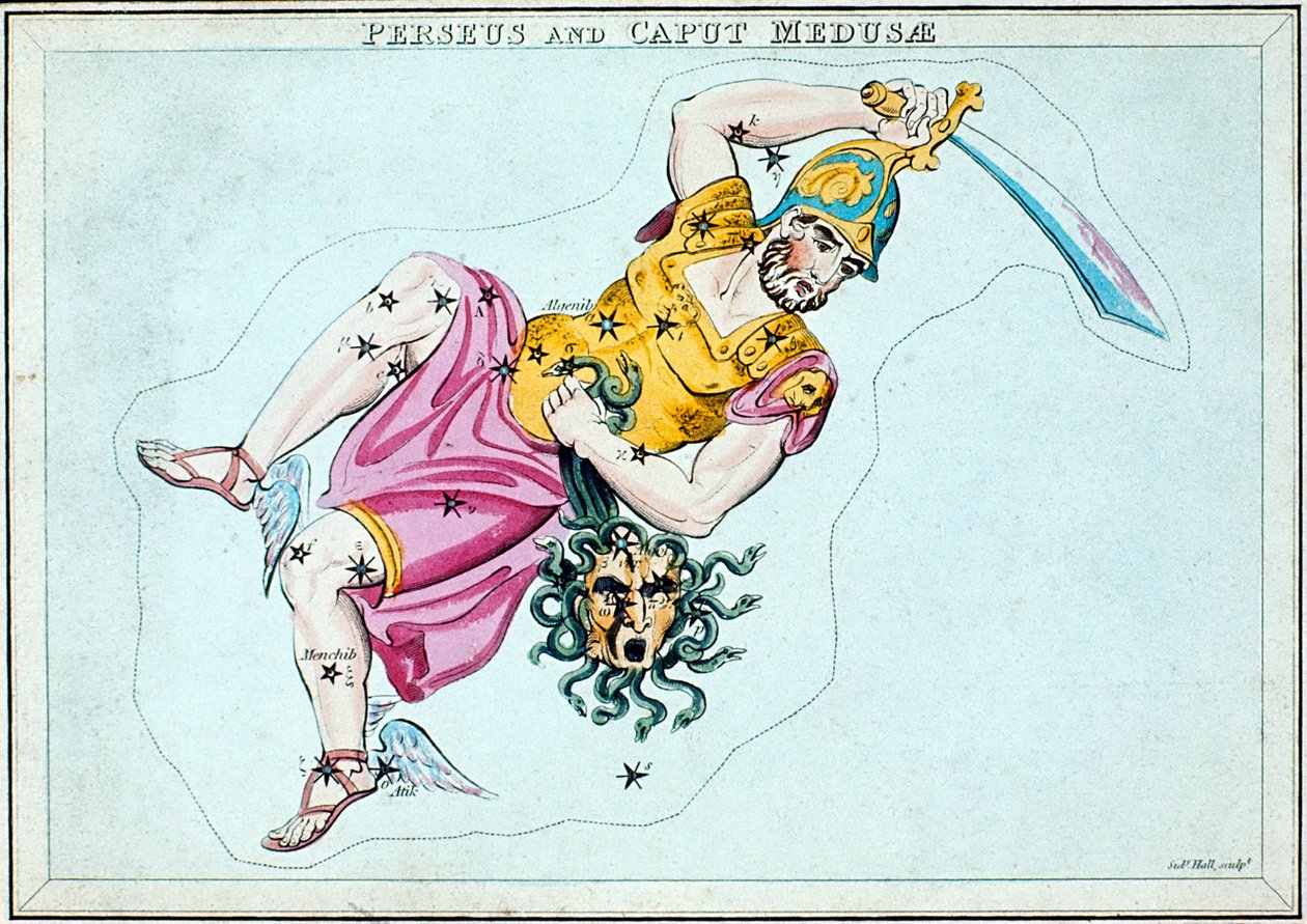 Constellation of Perseus, som viser ham bære hodet til Medusa, c1820 av Unbekannt