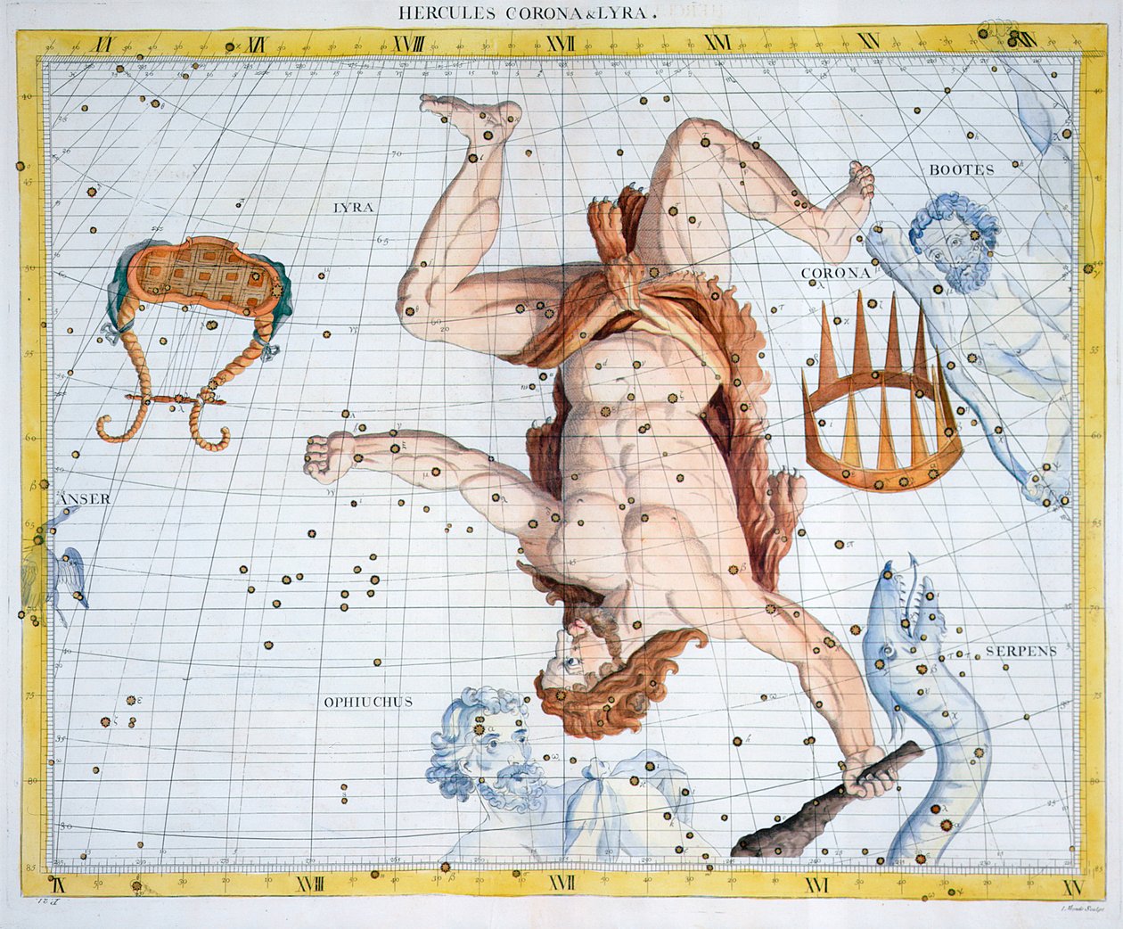 Konstellasjoner av Hercules, Corona og Lyra, 1729 av Unbekannt