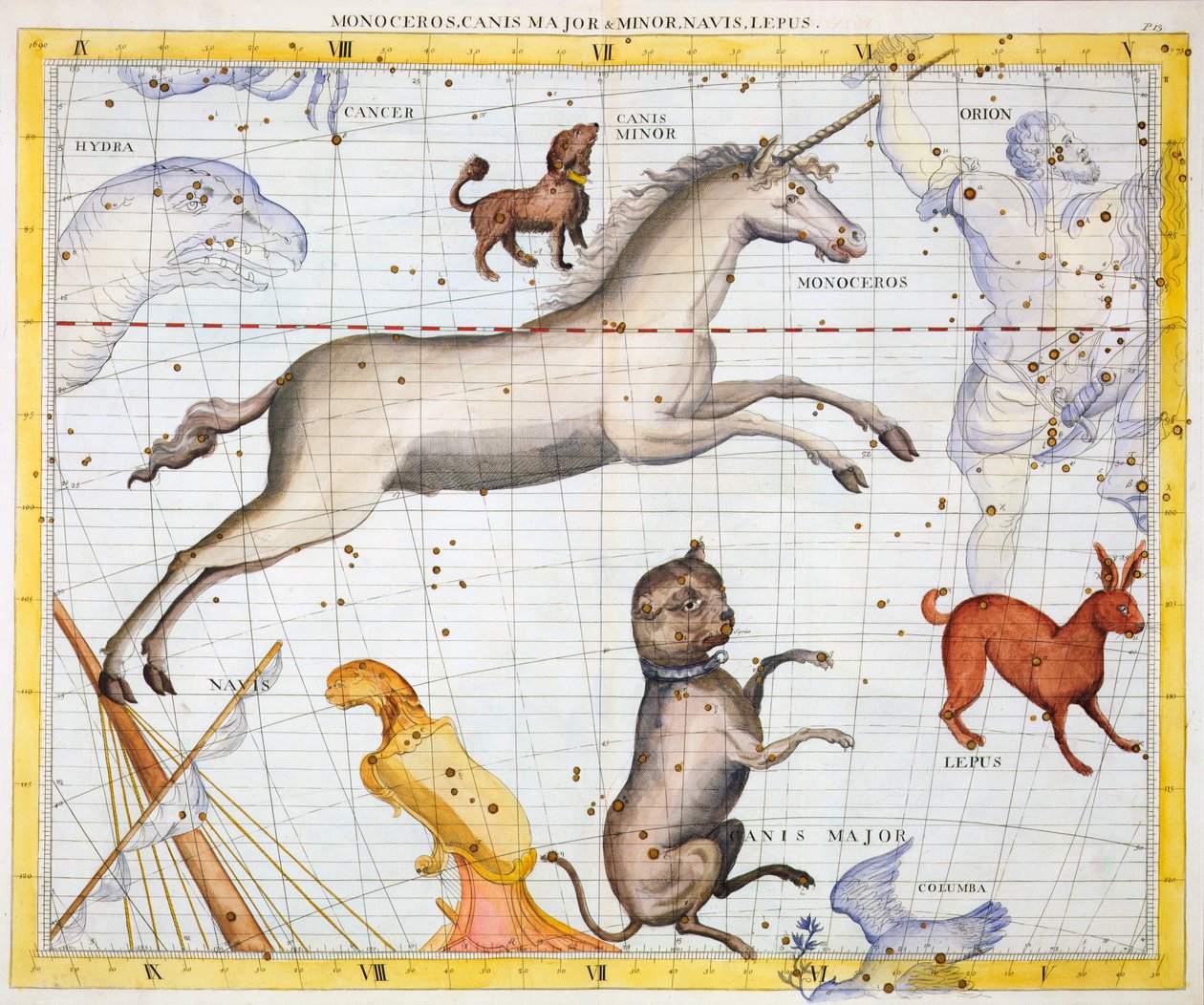 Konstellasjoner av Monoceros, Canis Major og Canis Minor, 1729 av Unbekannt