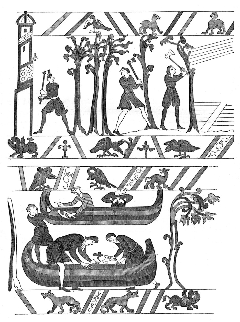 Konstruksjon av båtene for William I, Bayeux Tapestry, c1070s, 1870 av Unbekannt