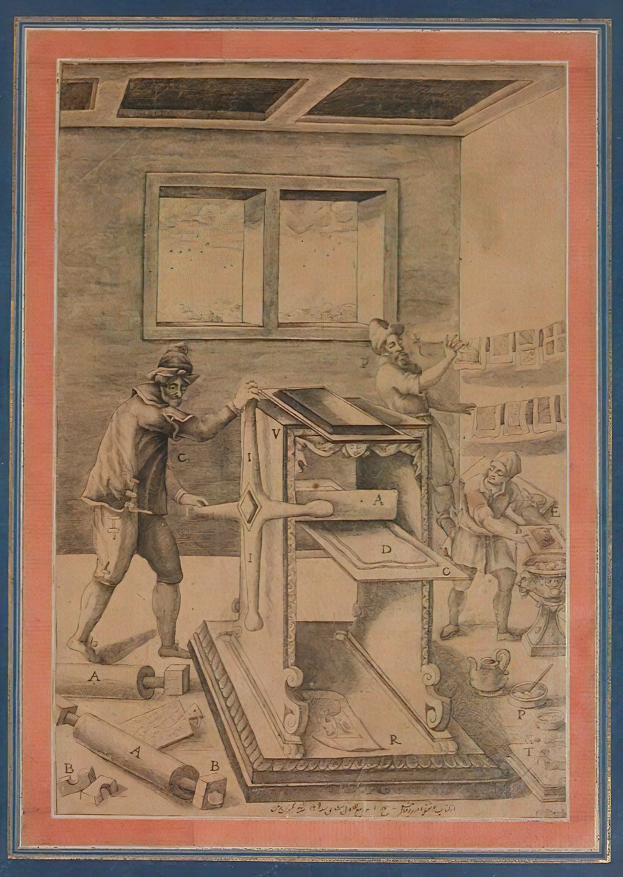 Copper Plate Printers at Work, Folio fra Davis Album, Iran, datert A.H. 1199A.D. 1784-85. av Unbekannt