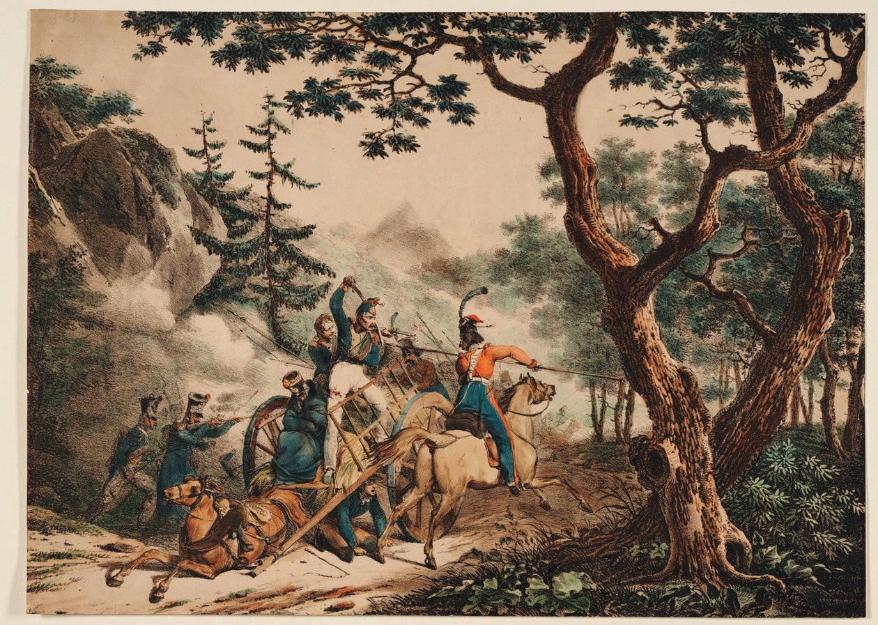 Kosakker angriper franske soldater i en skog, 1825 av Unbekannt