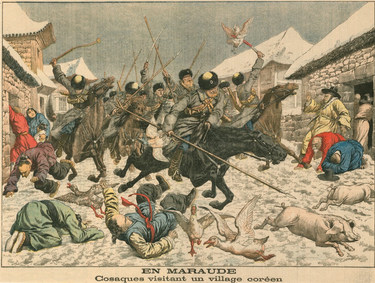 Kosakker terroriserer en koreansk landsby, russisk-japansk krig, 1904 av Unbekannt