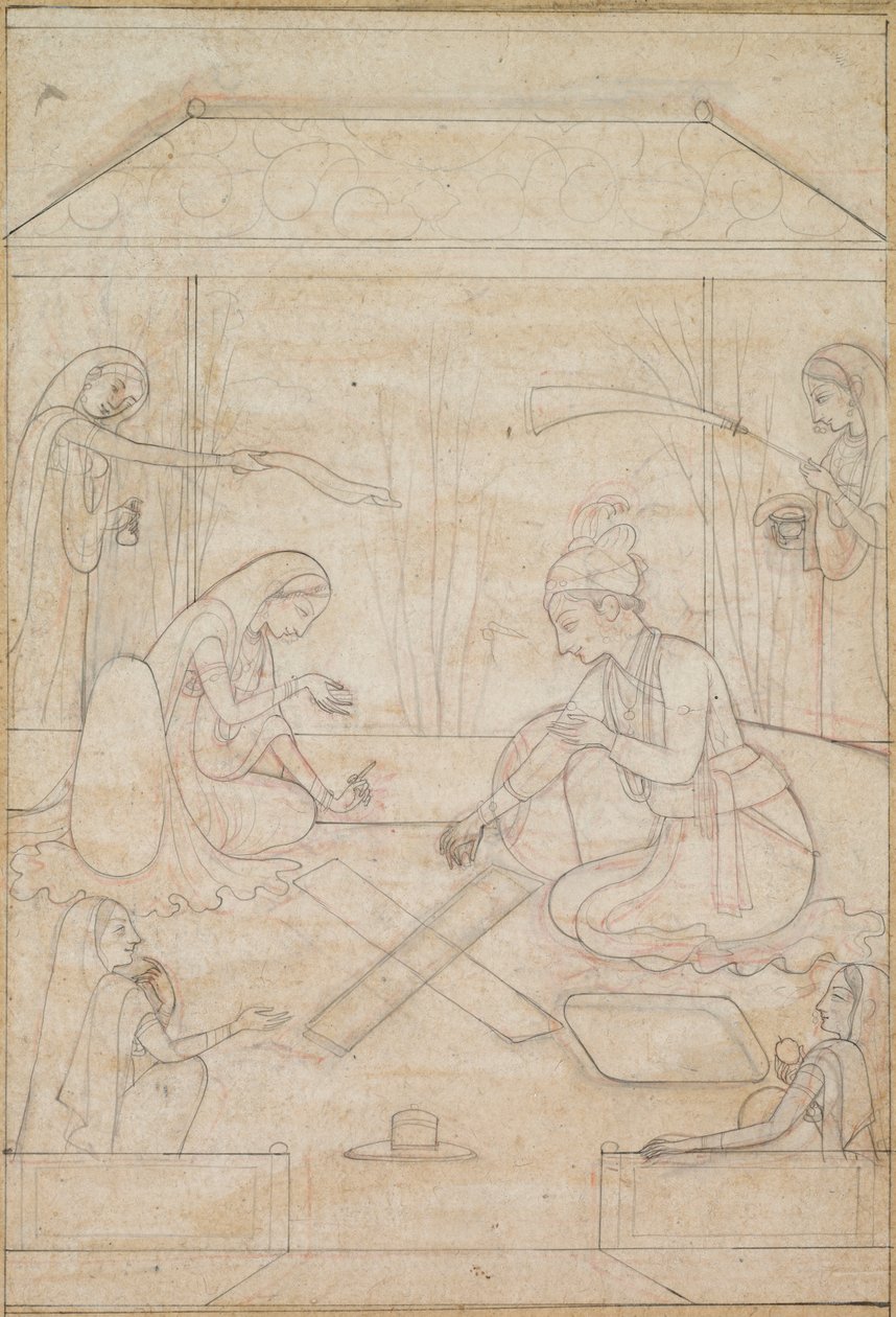 Par som spiller Chaupar på en terrasse, ca. 1790-1800. av Unbekannt