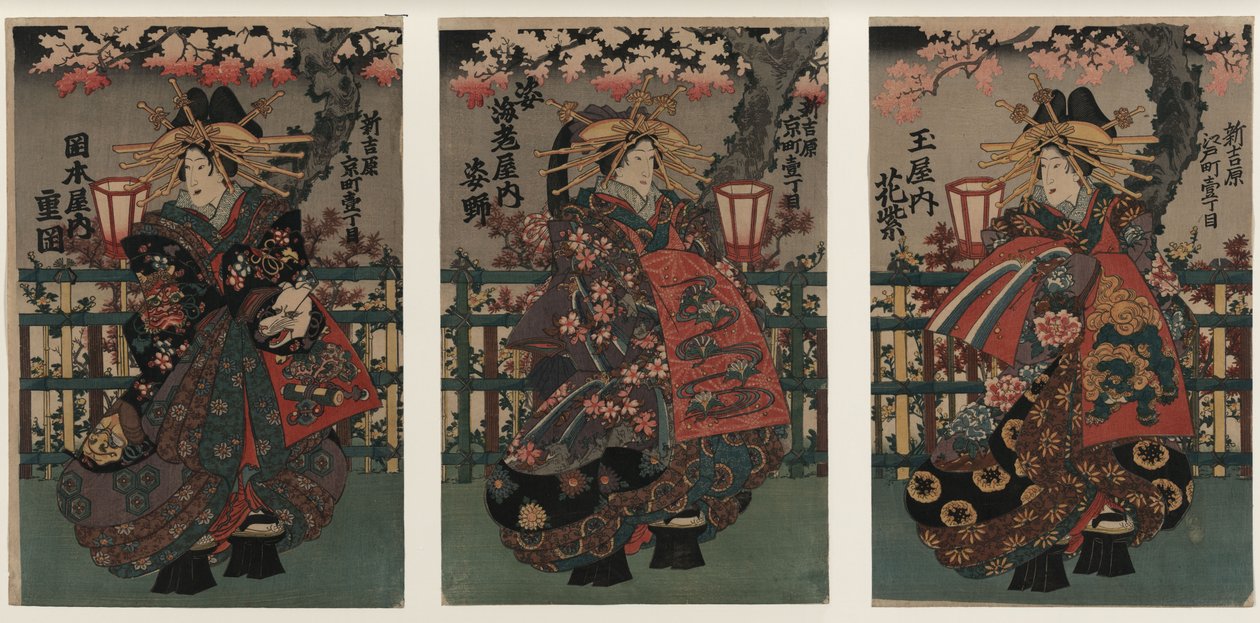 Kurtisanene Shigeoka, Sugatano og Hanamurasaki. Triptykon. Fra serien The Beauties of the Yoshiw av Unbekannt