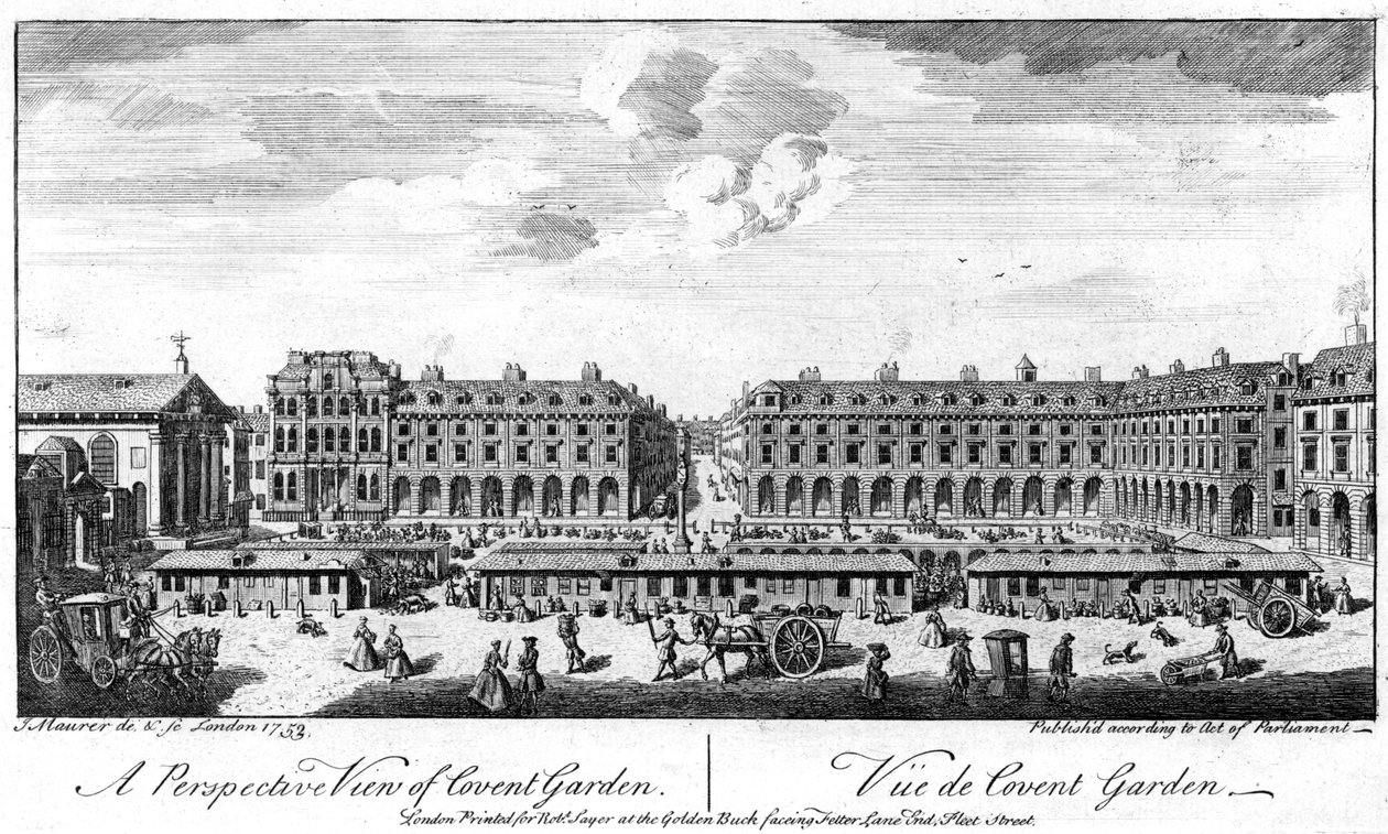 Covent Garden, London, viser boder i sentrum av torget, 1753 av Unbekannt