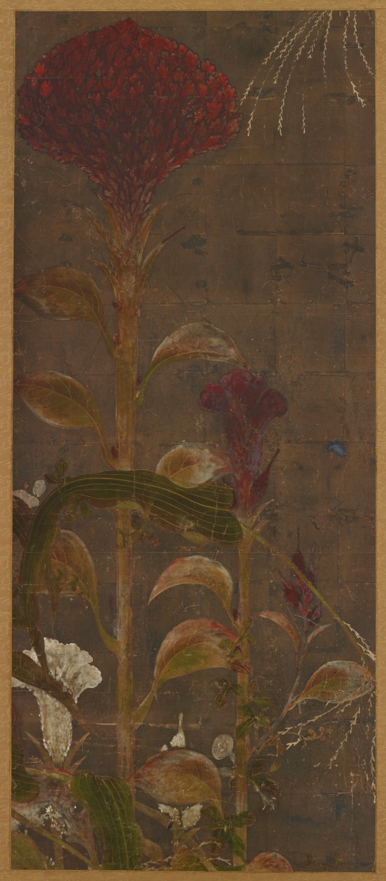 Coxcombs, mais og morning glories, Momoyama-perioden, 1568-1615. av Unbekannt