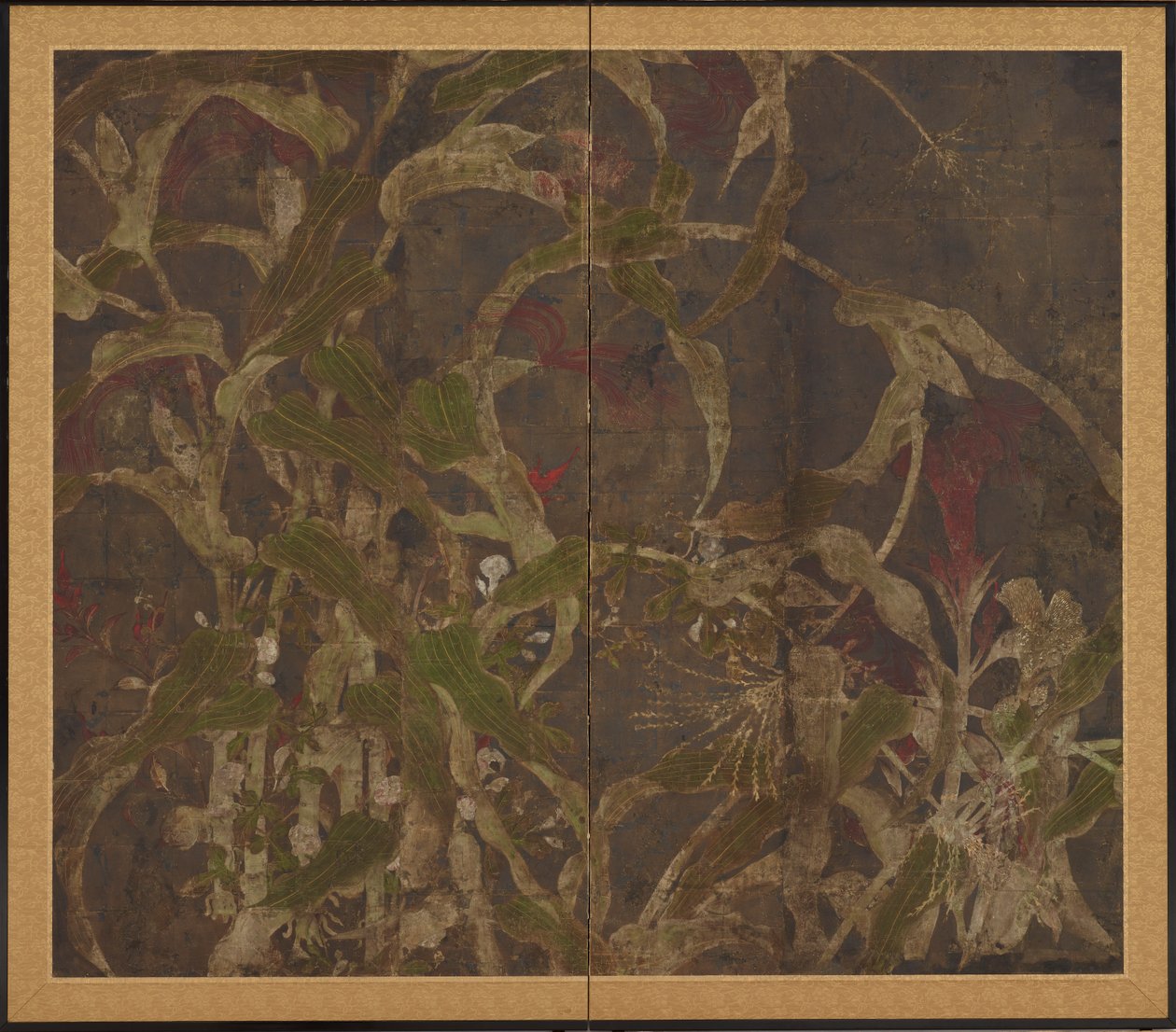 Coxcombs, mais og morning glories, Momoyama-perioden, 1568-1615. av Unbekannt