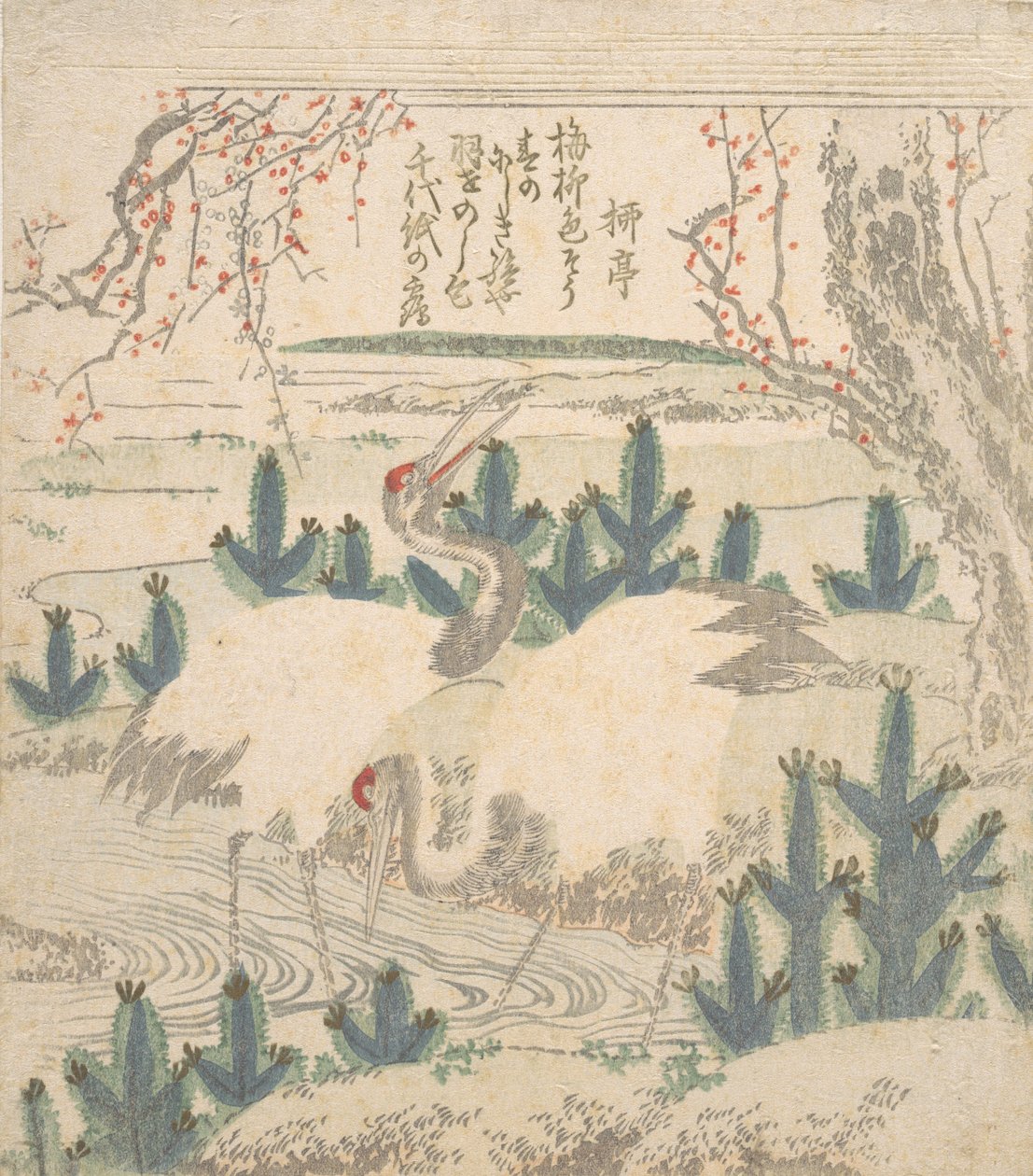 Traner blant unge furutrær nær en bekk, ca. 1830. av Unbekannt