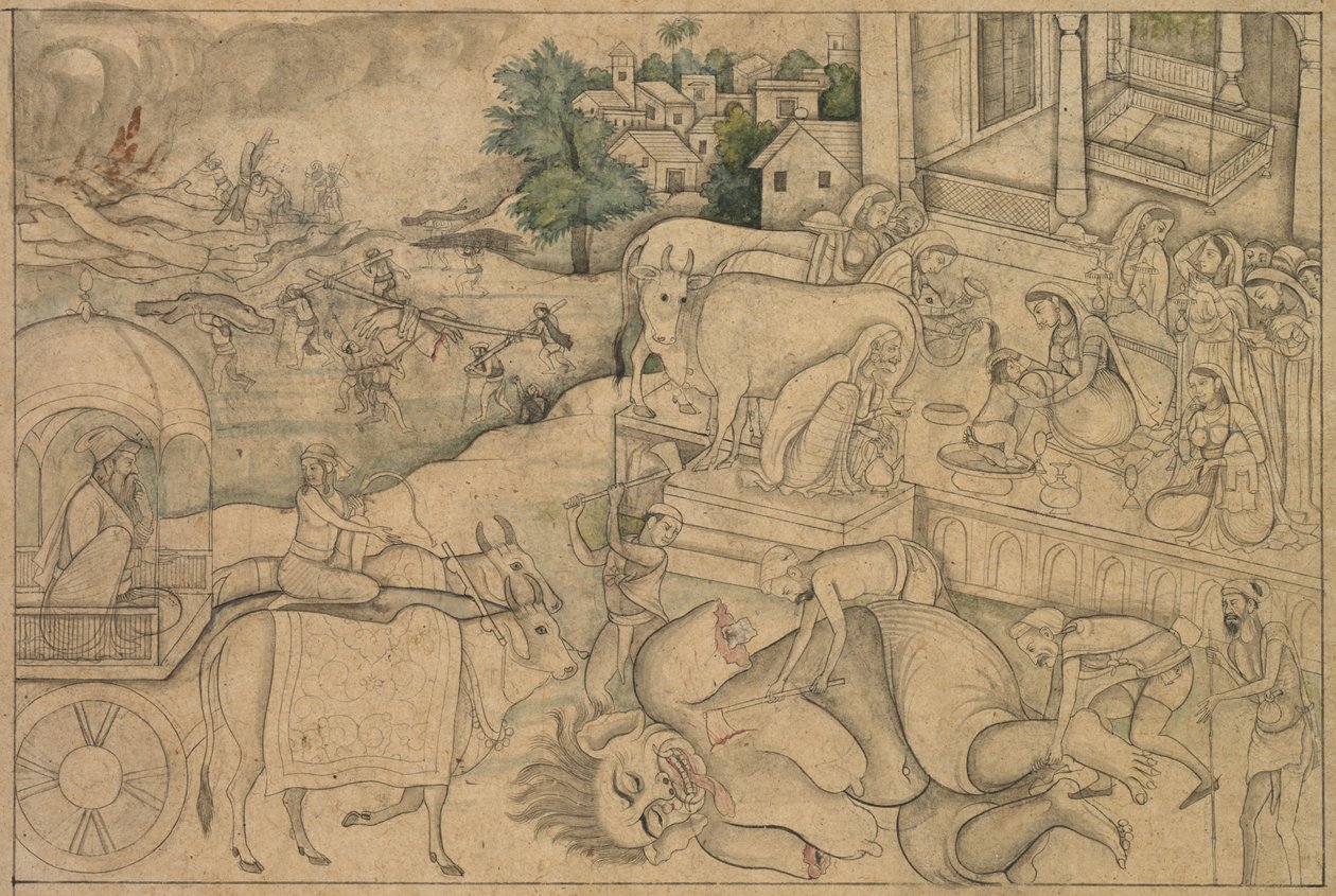 Kremasjon av demonessen Putana, fra en Krishna-Lila, ca. 1790. av Unbekannt